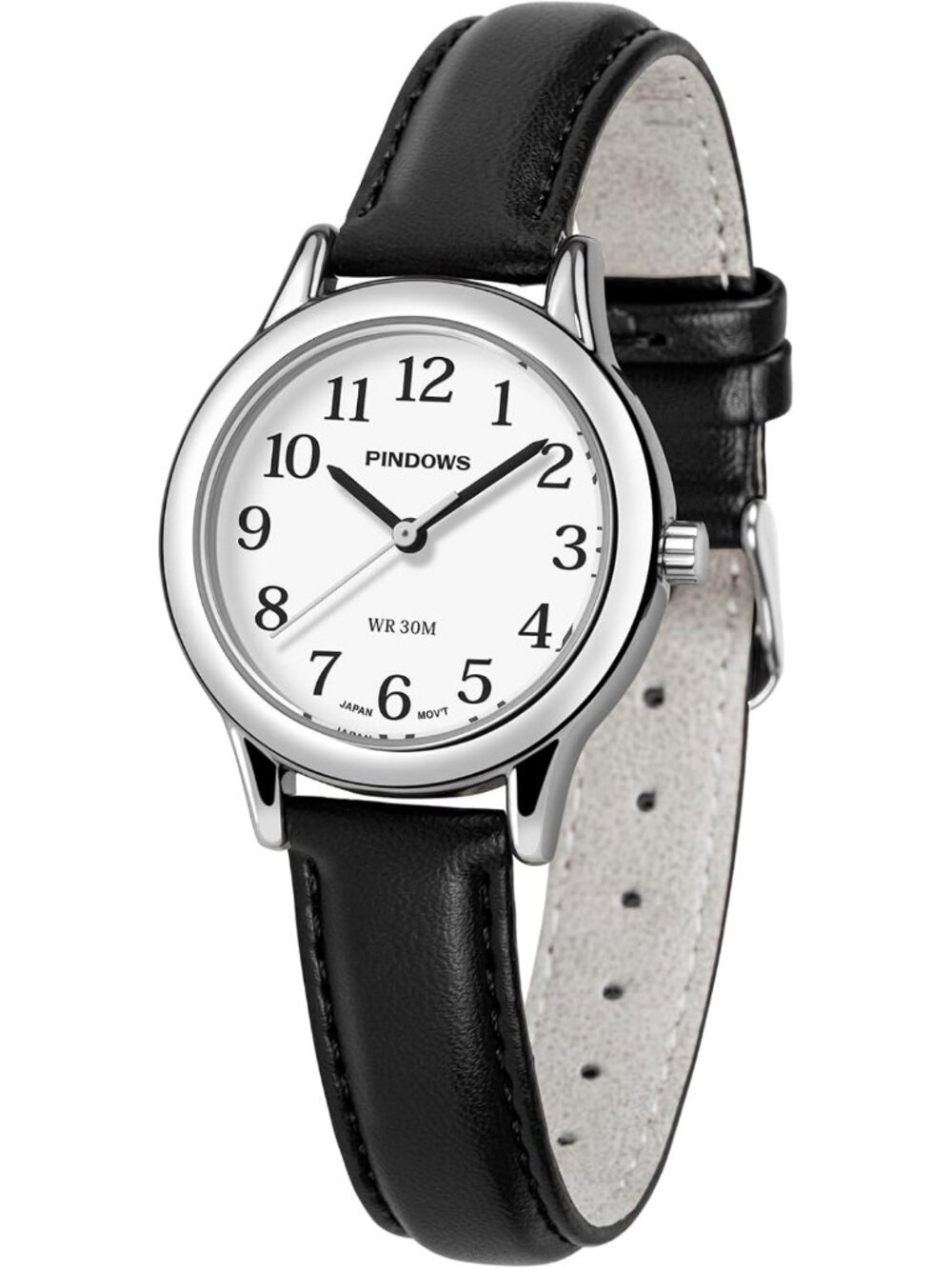 Women's Silver-Black Leather Band Small Analog Arabic Numerals Quartz Watch